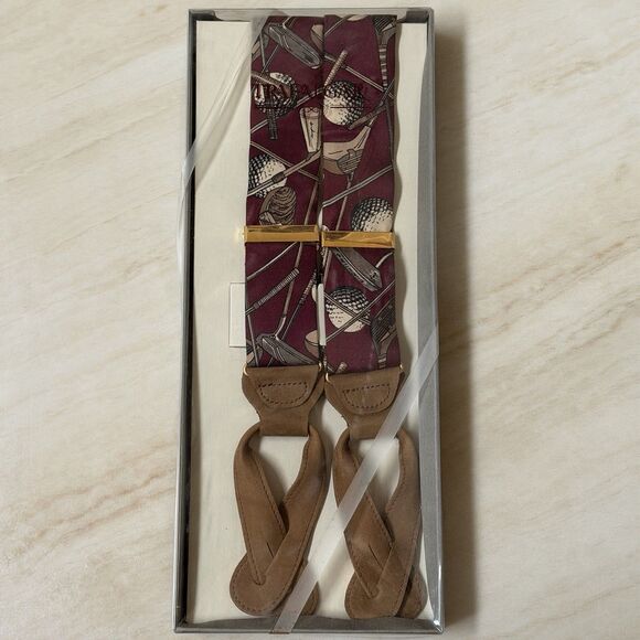 Trafalgar Burgundy Golf Print Suspenders Leather Ends Mens Braces